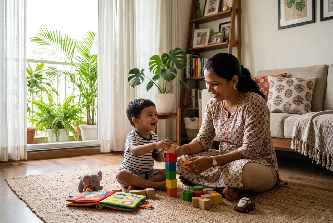 Domestic nanny playing blocks with a child in the home