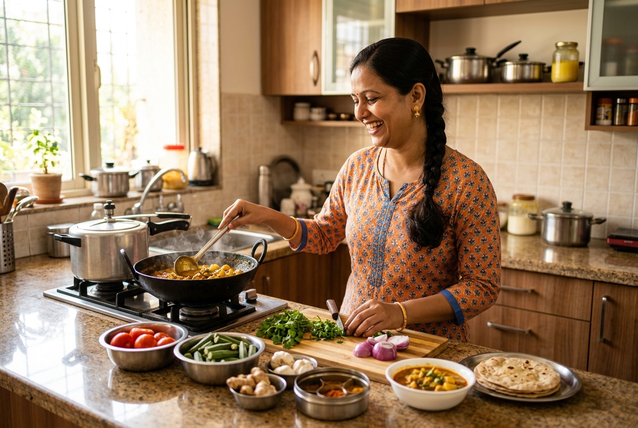 Domestic cook preparing food in a clean domestic kitchen