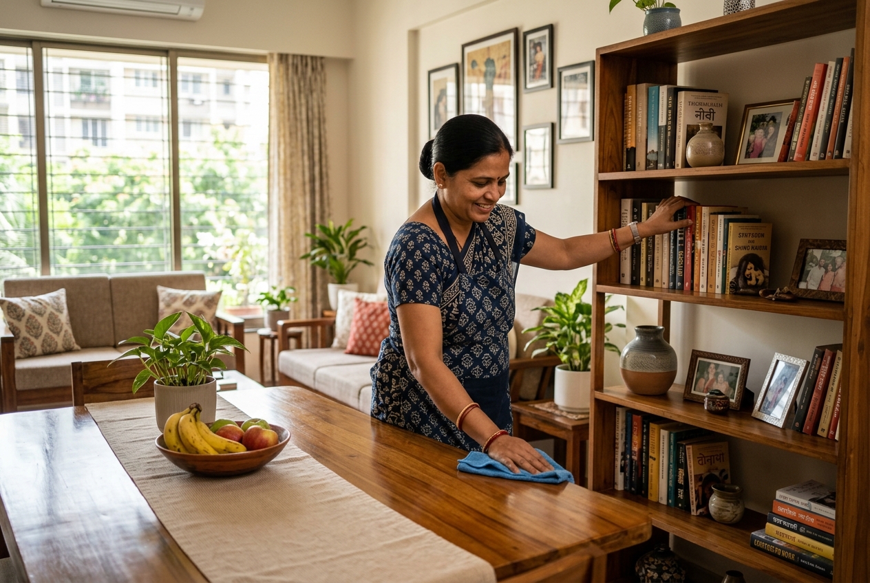 Professional domestic worker assisting with housekeeping in a clean Indian home