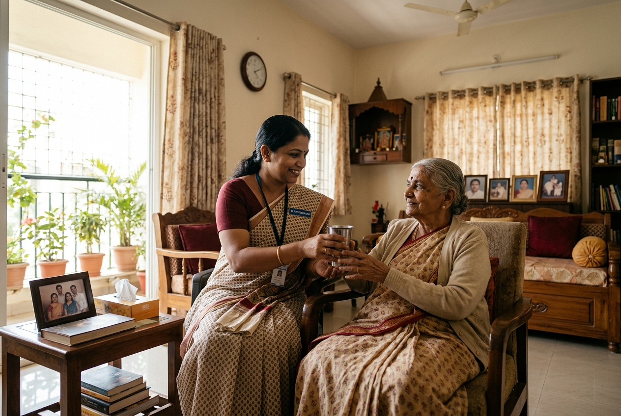 Caregiver offering water to elder adult in home setting
